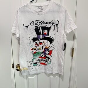 Ed Hardy White Skull and Top Hat Graphic Tee